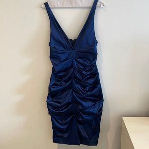 Blue satin ruched v neck dress